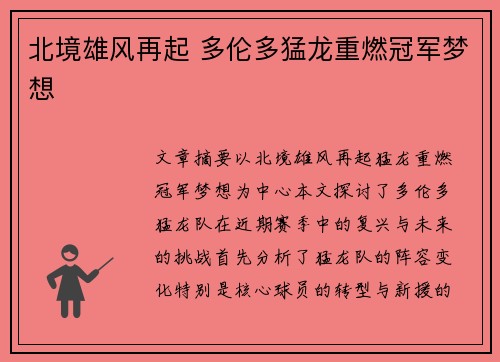 北境雄风再起 多伦多猛龙重燃冠军梦想